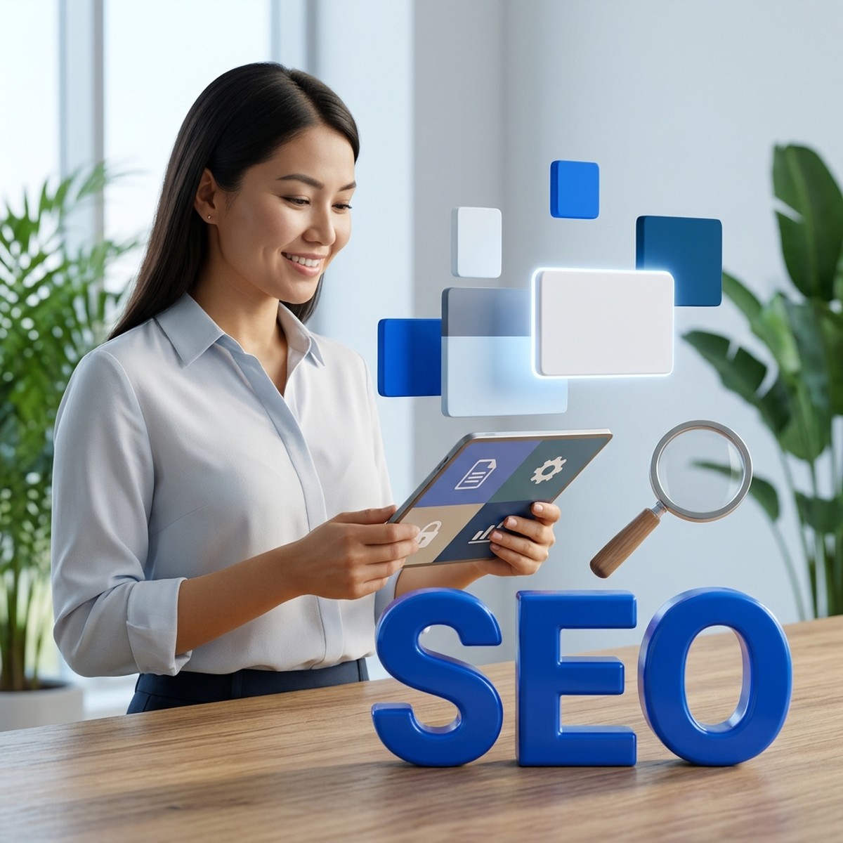 Маркетолог с планшетом рядом с объёмными буквами SEO, лупой и парящими блоками: настройка видимости сайта в ИИ-функциях Google