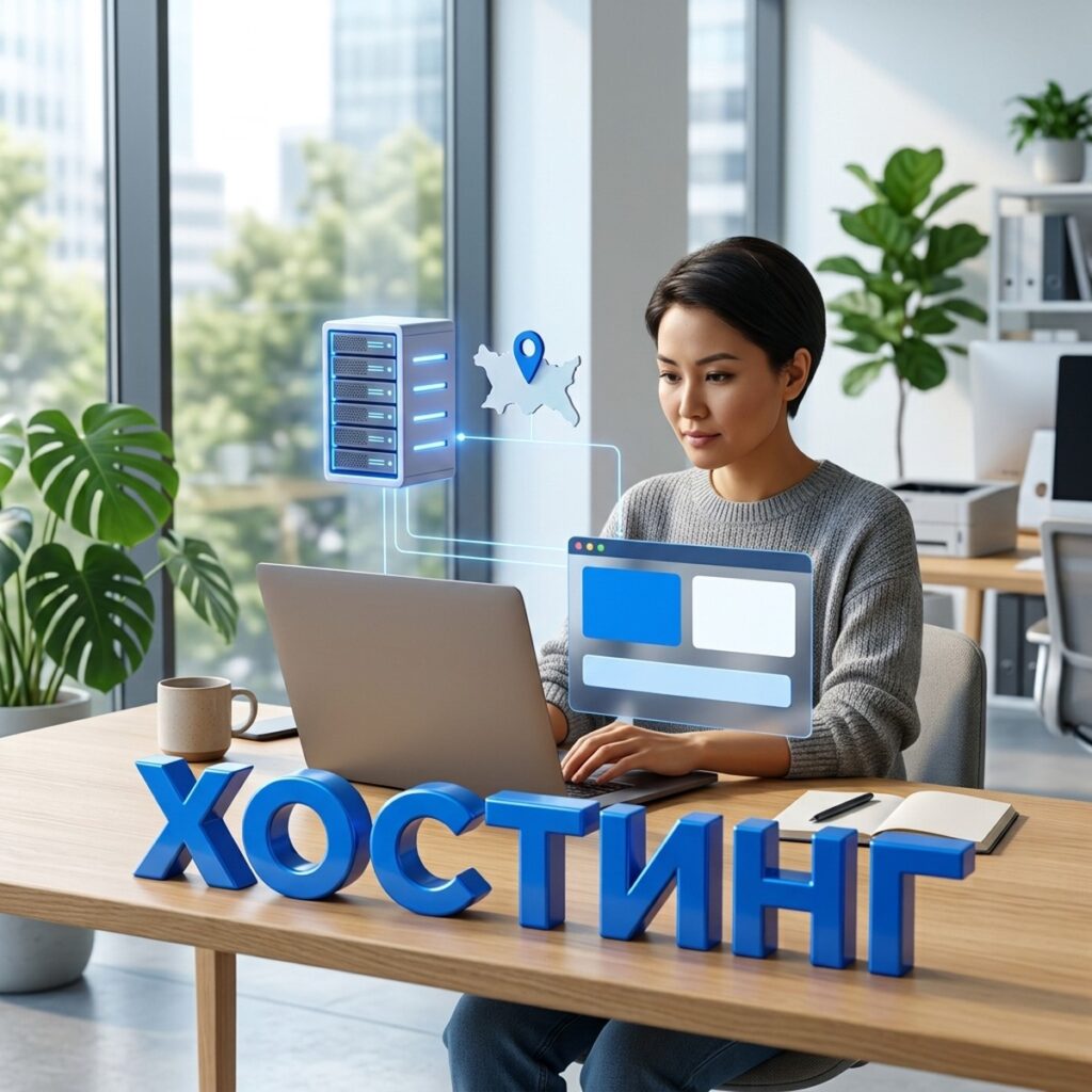 Разработчица за ноутбуком, рядом парит серверная стойка с меткой геолокации на карте и объёмная надпись «Хостинг»: выбор хостинга для сайта в Казахстане