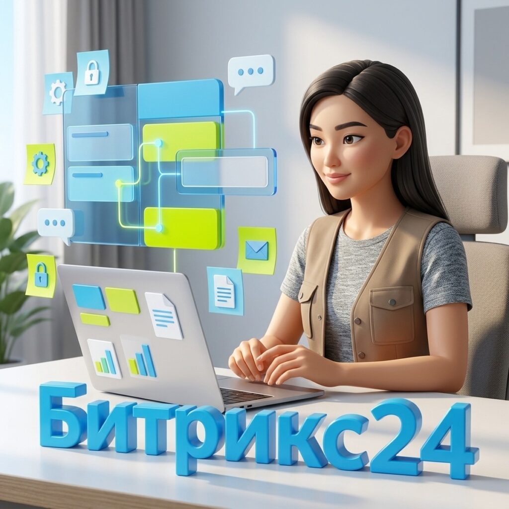 Специалист добавляет поле в карточку сделки Битрикс24, на столе объёмная надпись Битрикс24