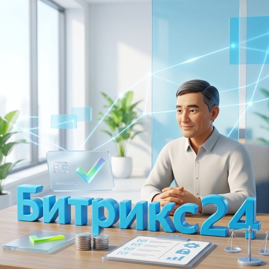 Руководитель за столом с карточкой-ключом лицензии, монетами и чек-листом, объёмная надпись Битрикс24