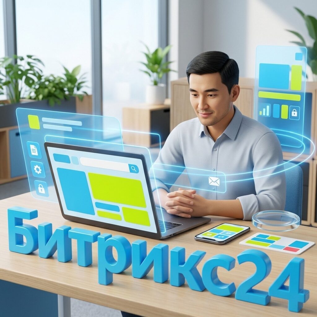 Менеджер за ноутбуком ищет контакт клиента, на столе объёмная надпись Битрикс24