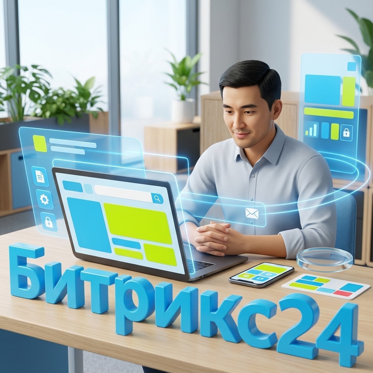 Менеджер за ноутбуком ищет контакт клиента, на столе объёмная надпись Битрикс24