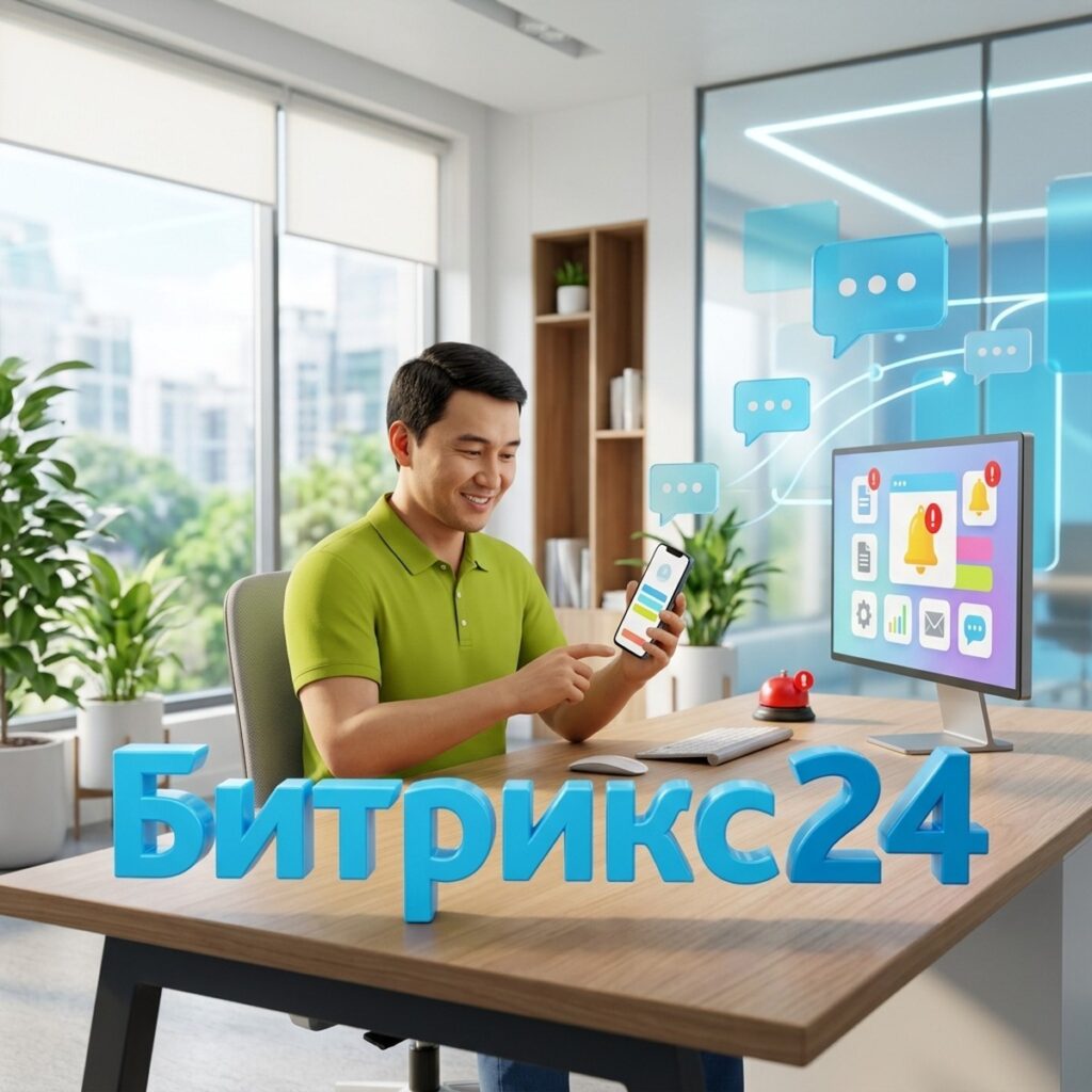 Менеджер по продажам получает уведомления Битрикс24 о новых заявках на смартфоне и мониторе
