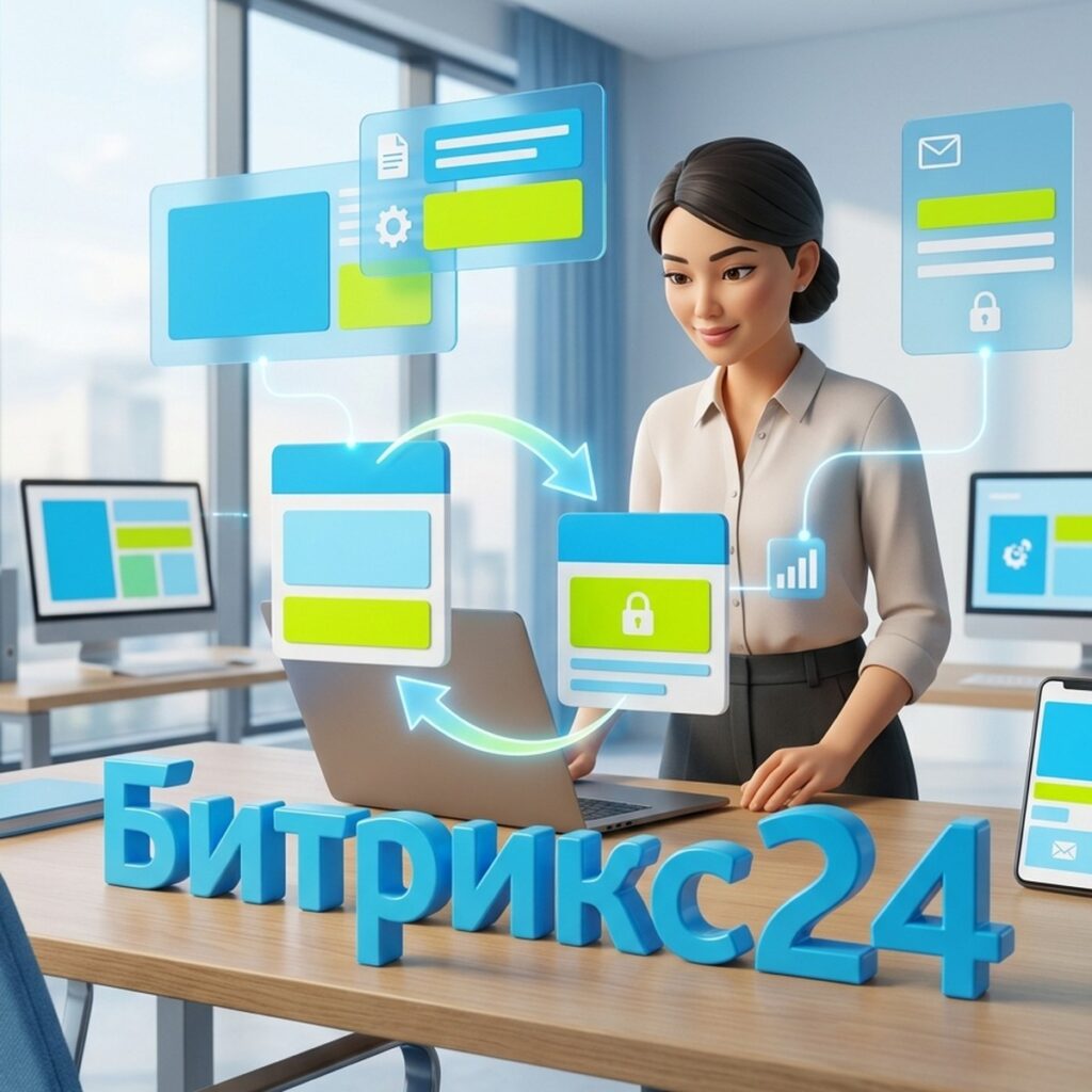 Руководитель отдела передаёт задачи между карточками на фоне объёмной надписи Битрикс24