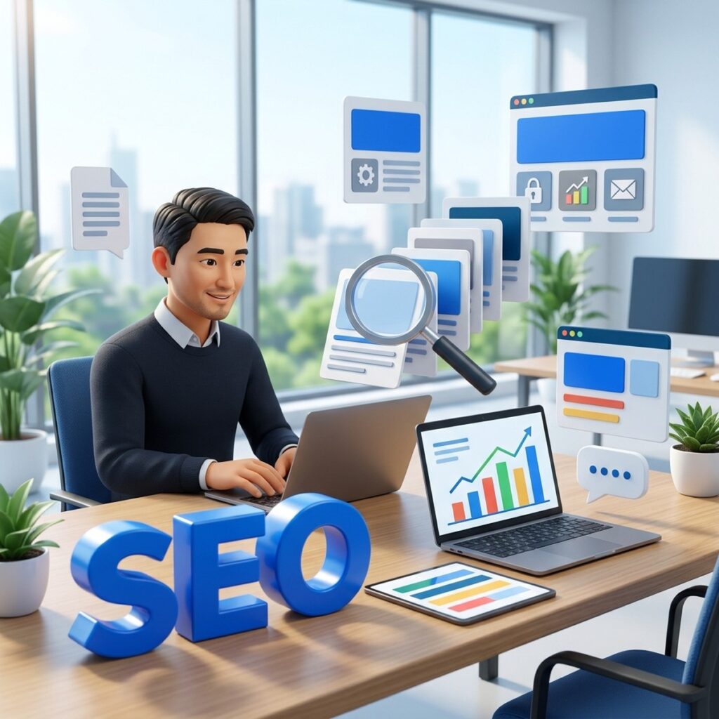 3D-иллюстрация: маркетолог за ноутбуком, объёмные буквы SEO и лупа над страницами сайта