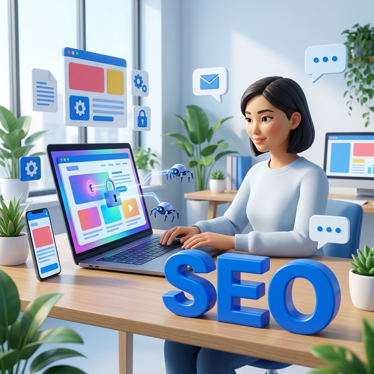 3D-иллюстрация: SEO-специалист за ноутбуком, к странице сайта с замком подлетают роботы-краулеры