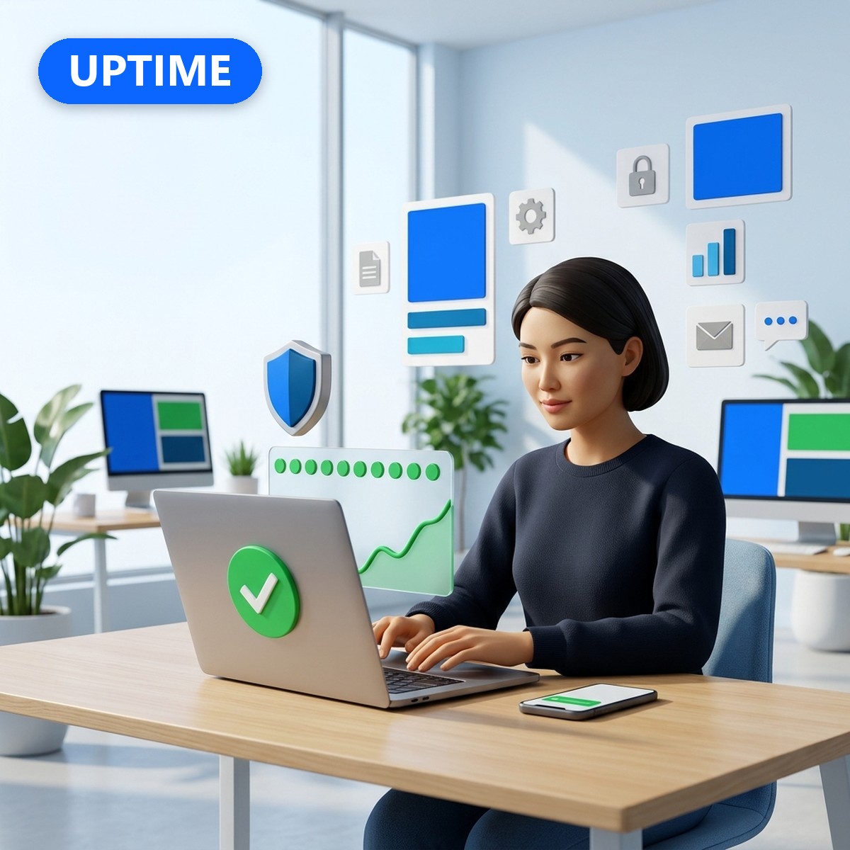 Разработчица за ноутбуком с зелёным индикатором работы сайта, плашка UPTIME