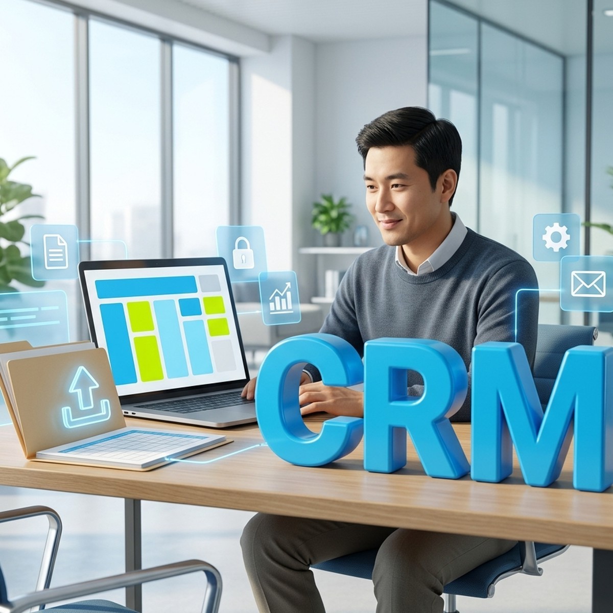 Аналитик за ноутбуком выгружает данные из CRM, на столе объёмная надпись CRM и папка с таблицей