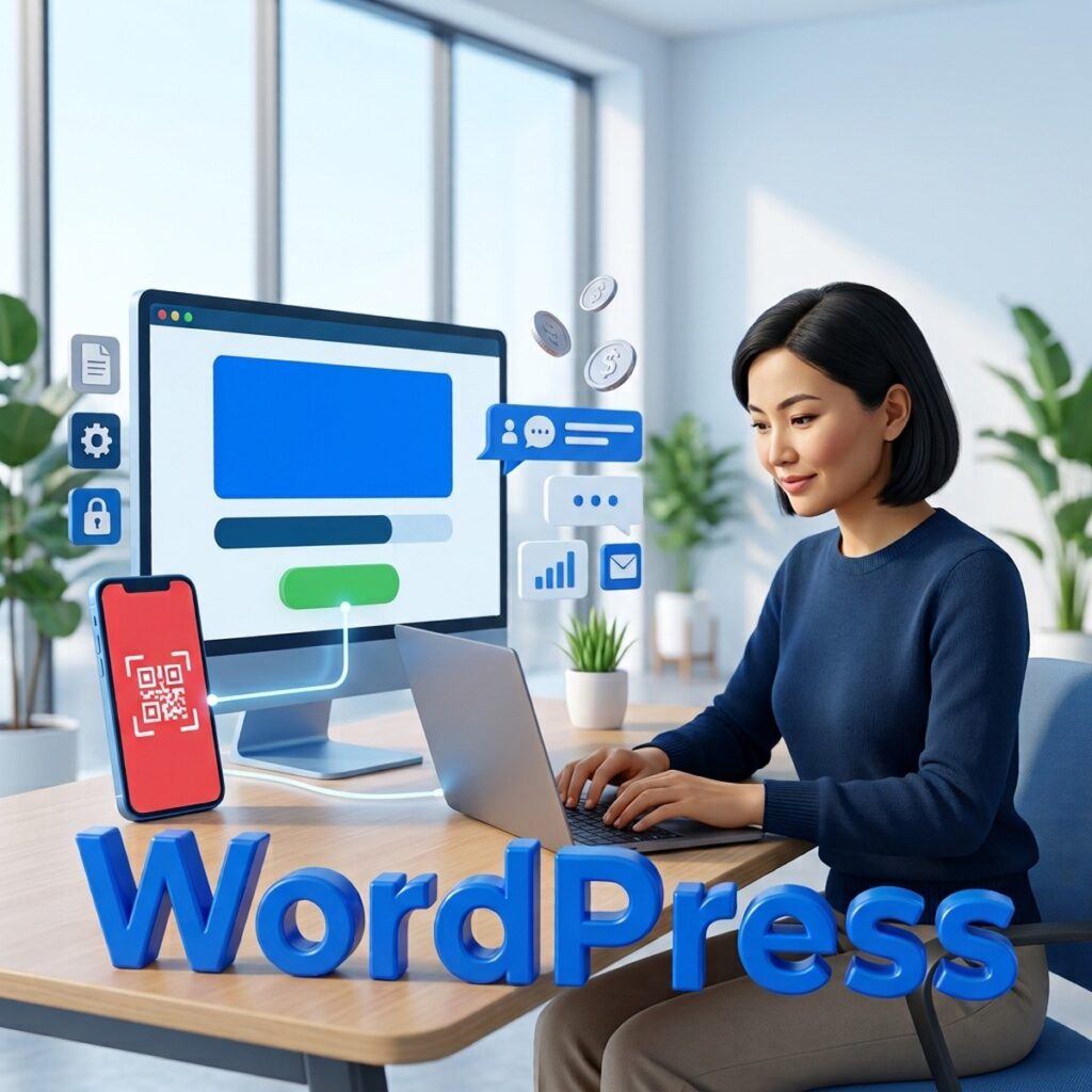 Разработчица за ноутбуком настраивает приём оплаты на сайте WordPress: монитор с кнопкой оплаты и смартфон со светящейся связью