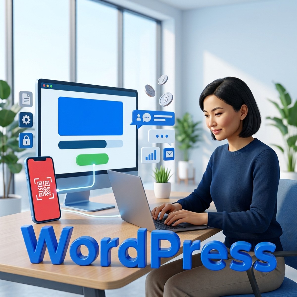 Разработчица за ноутбуком настраивает приём оплаты на сайте WordPress: монитор с кнопкой оплаты и смартфон со светящейся связью