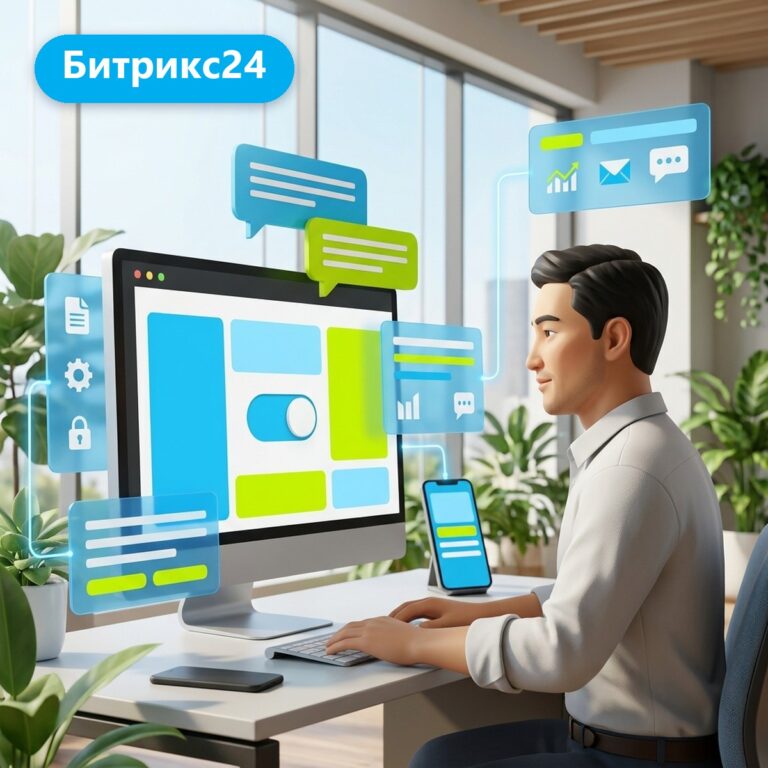 Менеджер работает за монитором с переключателем языка интерфейса Битрикс24