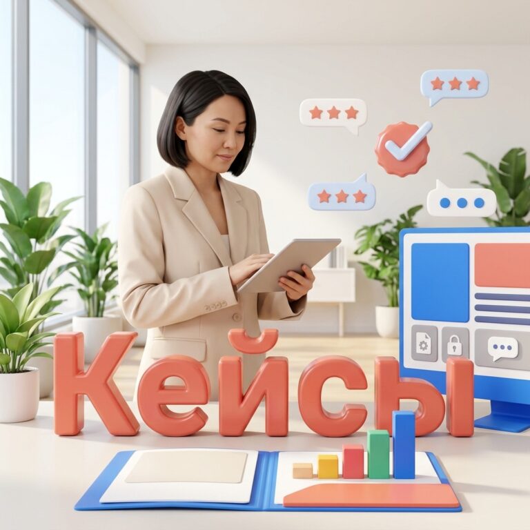 Маркетолог с планшетом за столом, объемная надпись «Кейсы», папка с графиком роста и пузыри отзывов со звездами