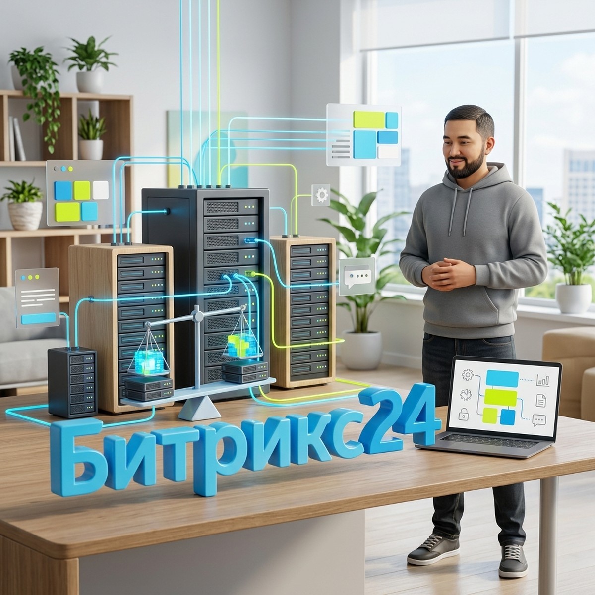 Системный администратор рядом с кластером серверов коробочного Битрикс24, весы распределяют нагрузку между узлами