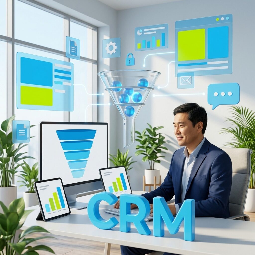 Руководитель за столом изучает воронку продаж в CRM, рядом объёмные буквы CRM