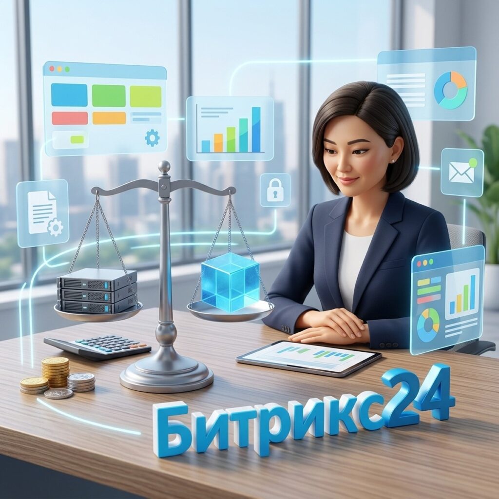 Руководитель сравнивает на весах серверный блок коробочного Битрикс24 и облачный куб