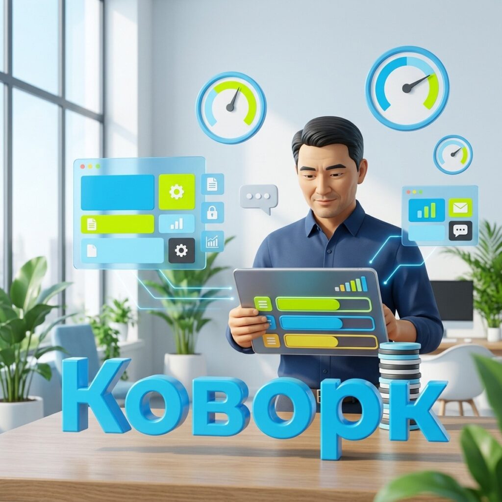 Руководитель с планшетом и индикаторами квоты рядом с объёмным словом Коворк в офисе Битрикс24