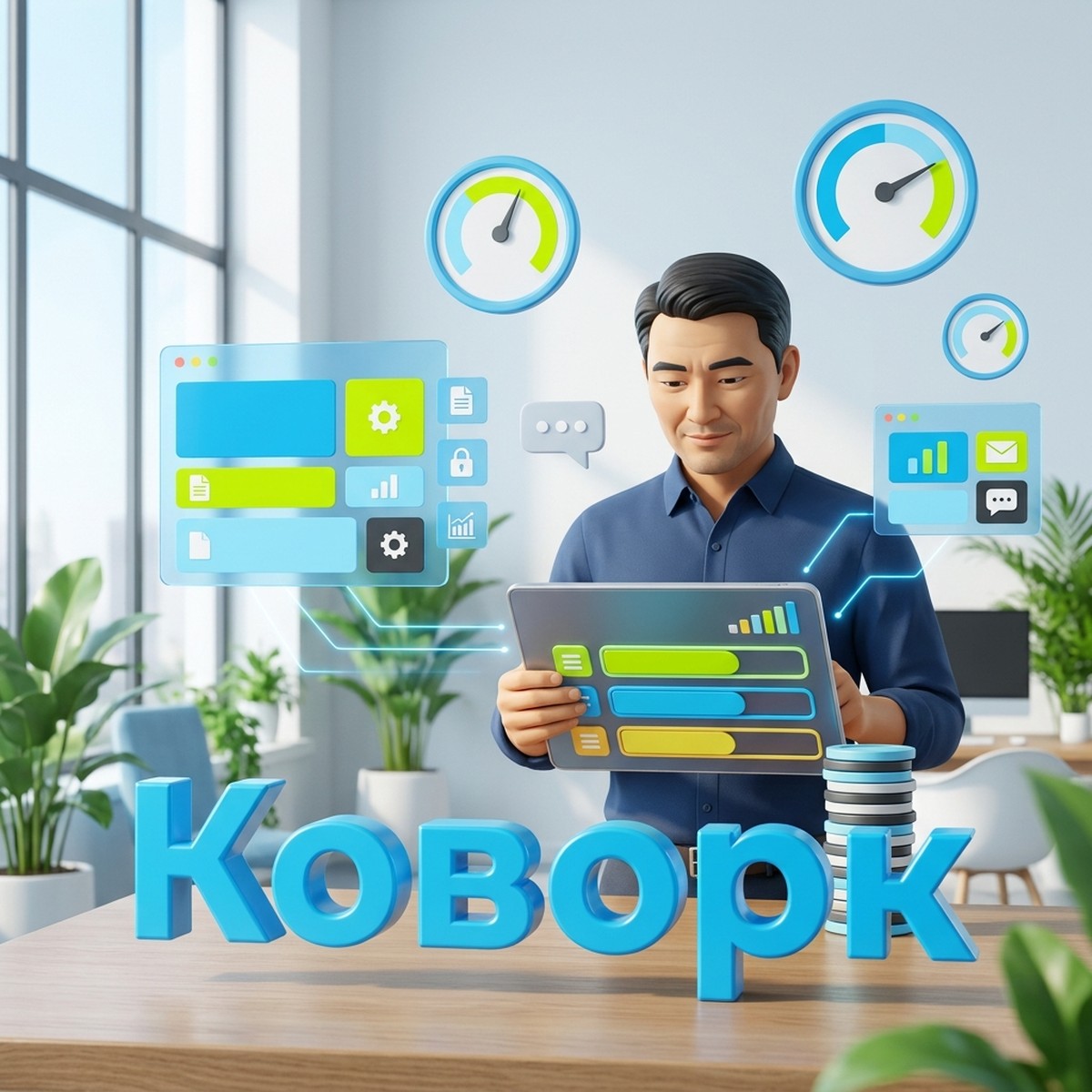 Руководитель с планшетом и индикаторами квоты рядом с объёмным словом Коворк в офисе Битрикс24