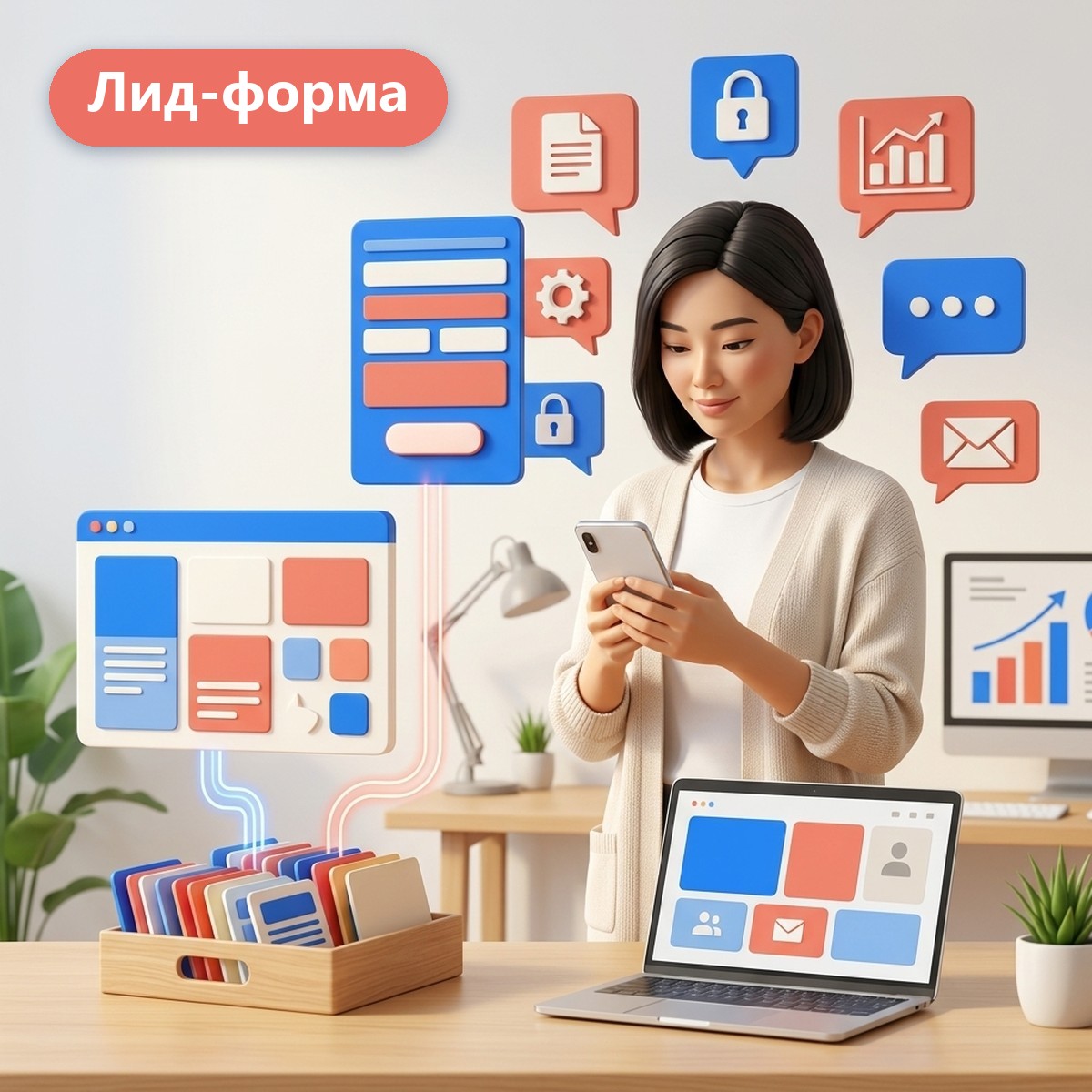 Маркетолог со смартфоном рядом с панелями лид-формы Instagram и страницы сайта, от которых заявки идут в общий лоток