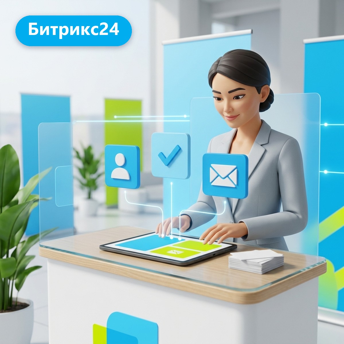 Представитель компании вводит контакты посетителей на планшет на стенде выставки, над стойкой парят карточки контактов Битрикс24