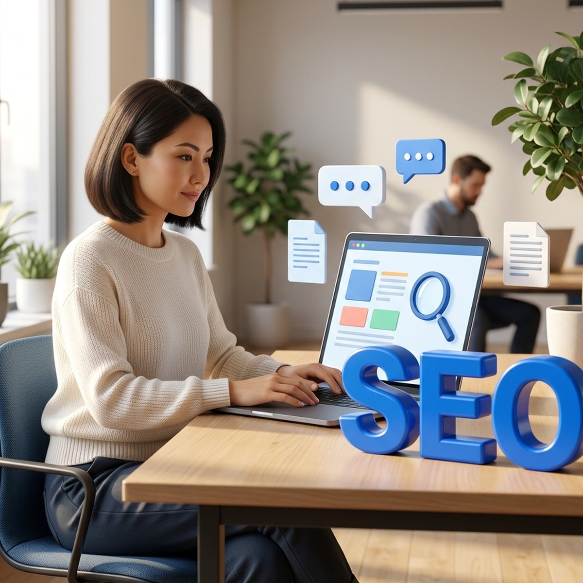 Маркетолог за ноутбуком с объёмными синими буквами SEO на столе и значками поиска и сообщений