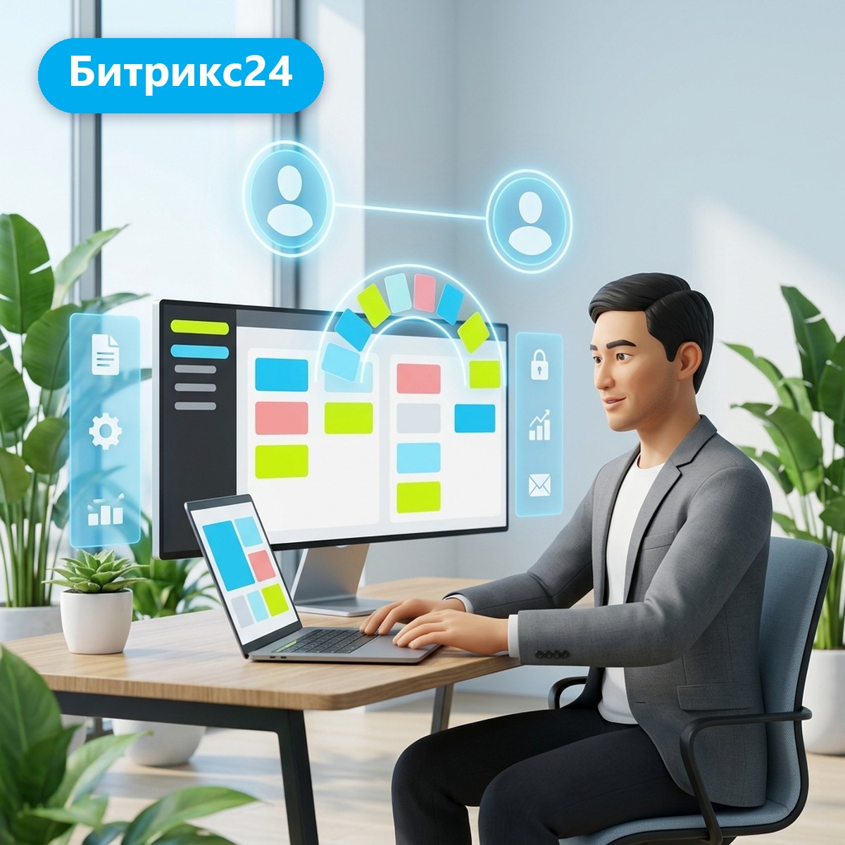 Менеджер за ноутбуком, на мониторе карточки сделок переносятся дугой между двумя аватарами, плашка Битрикс24