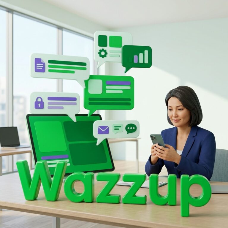 Руководитель отдела продаж со смартфоном рядом с объёмной надписью Wazzup и пузырями сообщений, собранными в одно окно