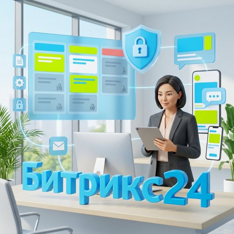 Руководитель с планшетом рядом с канбаном Битрикс24, где чужие сделки закрыты замками