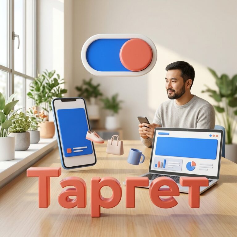 Маркетолог с телефоном за столом, рядом объемное слово Таргет, переключатель и карточки товаров между рекламой и сайтом