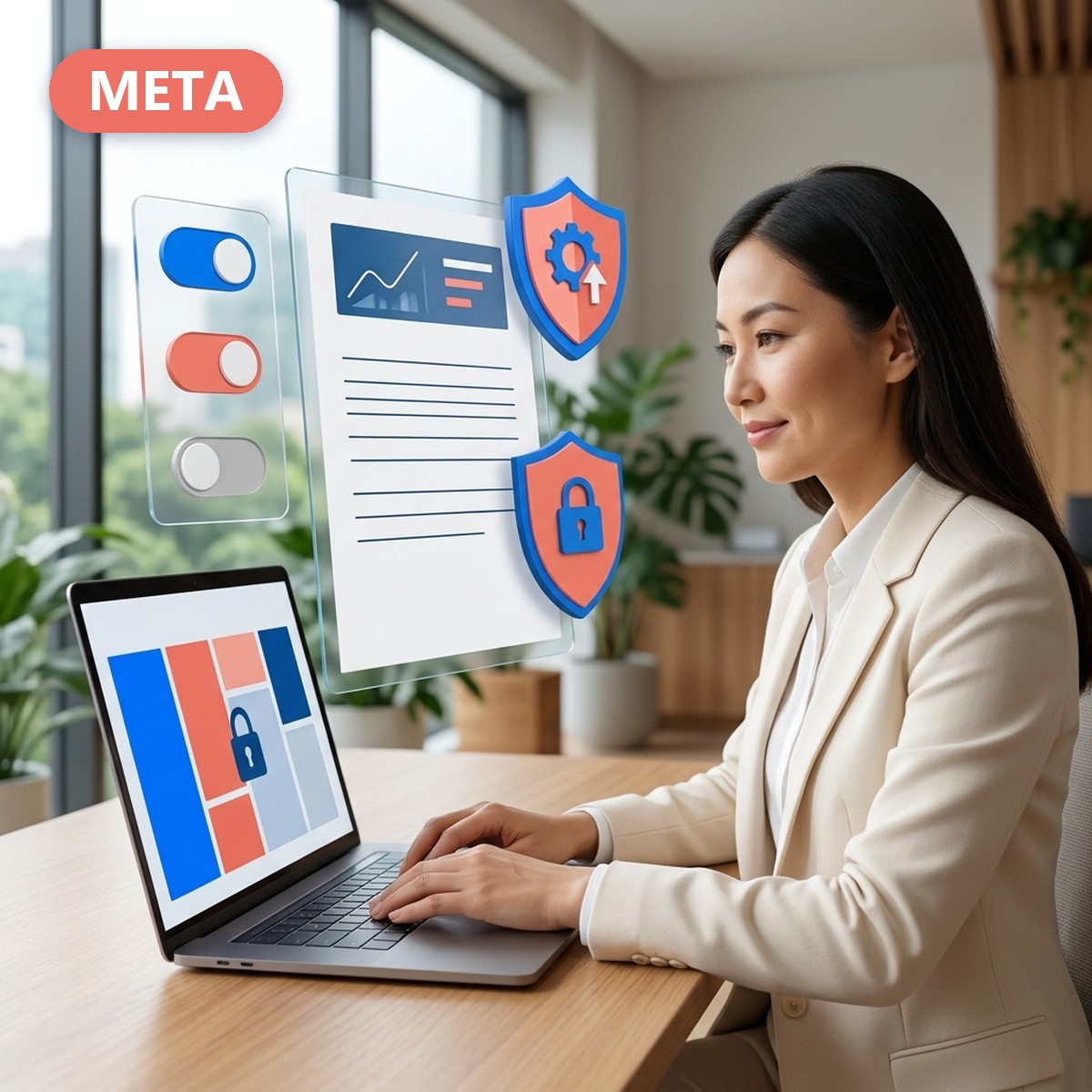 Маркетолог за ноутбуком проверяет условия рекламы Meta: документ, щиты и переключатели настроек
