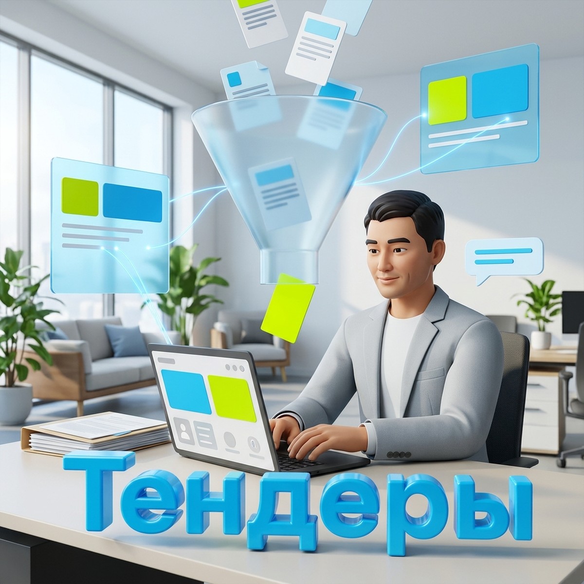 Менеджер по тендерам за ноутбуком, над столом воронка отбирает документы лотов, объемная надпись Тендеры
