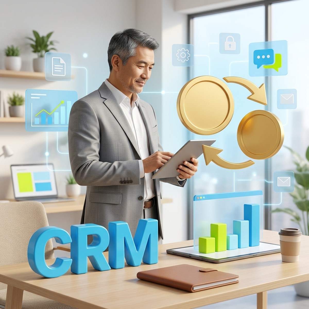 Директор с планшетом, объемная надпись CRM и две золотые монеты со стрелками обмена: мультивалютность в Битрикс24