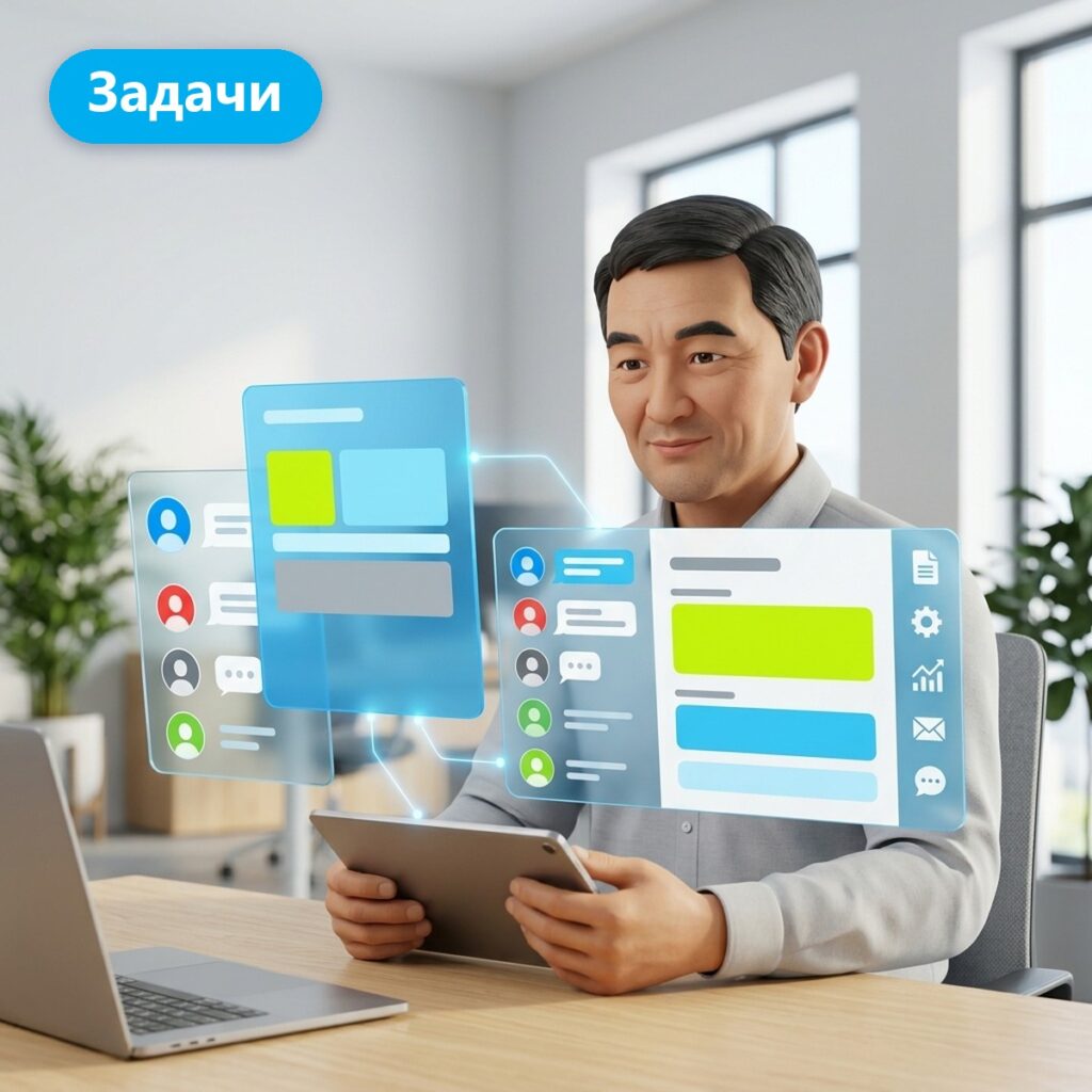 Руководитель с планшетом рядом с карточкой задачи и списком чатов задач в Битрикс24