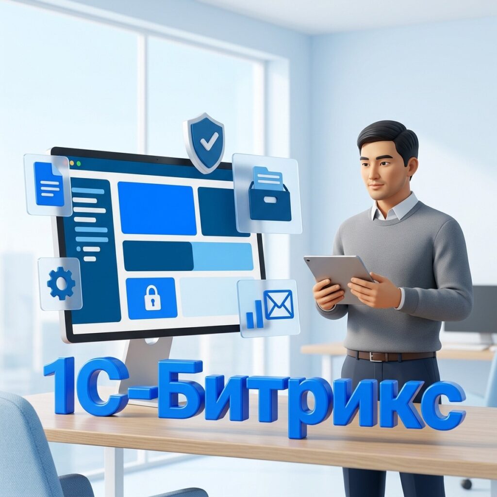 Разработчик с планшетом у монитора с обновлением платформы 1С-Битрикс, рядом щит с галочкой и архив резервной копии