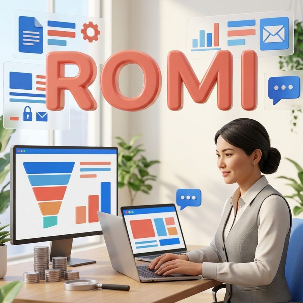 Маркетолог за ноутбуком у монитора с воронкой продаж и объёмным словом ROMI
