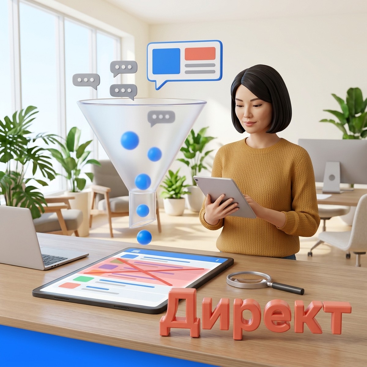 Маркетолог с планшетом и воронка, отсеивающая лишние запросы, над столом объемное слово Директ: операторы и минус-фразы в Яндекс Директе