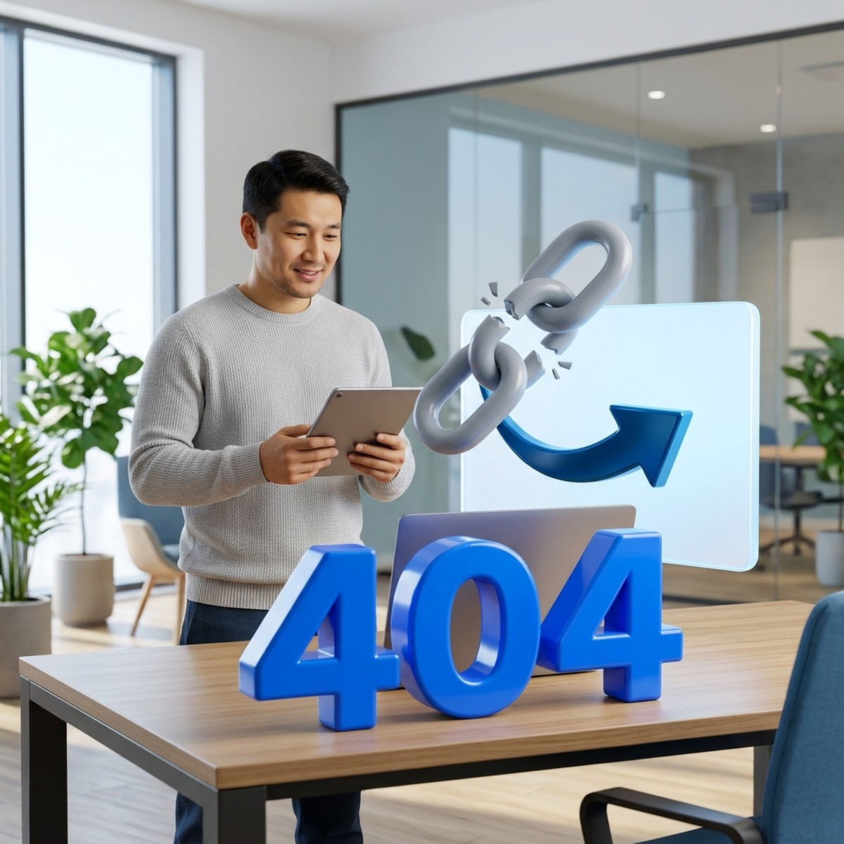 SEO-специалист с планшетом рядом с объемной надписью 404, разорванной цепью и стрелкой редиректа к рабочей странице