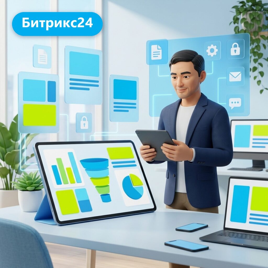 Руководитель с планшетом разбирает отчёты Битрикс24: воронка продаж, диаграммы и карточки отчётов
