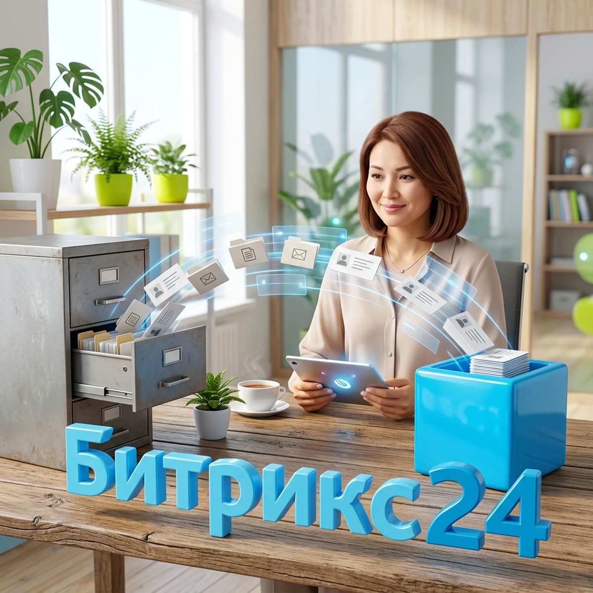 Руководитель отдела продаж с планшетом, карточки клиентов перелетают из старого картотечного шкафа в голубой куб, объёмная надпись Битрикс24: перенос данных из другой CRM в Битрикс24