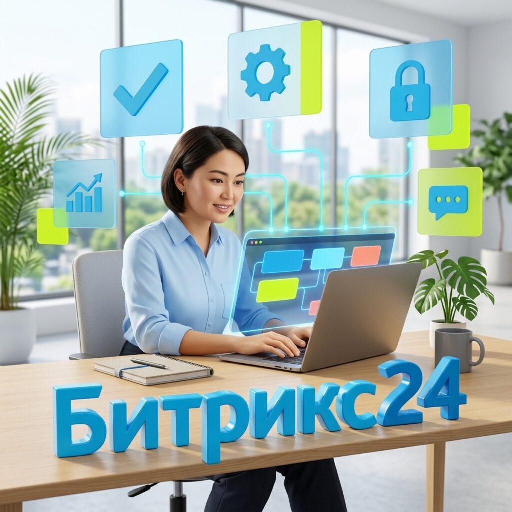 Менеджер за ноутбуком в офисе, над столом схема структуры компании и объёмная надпись Битрикс24