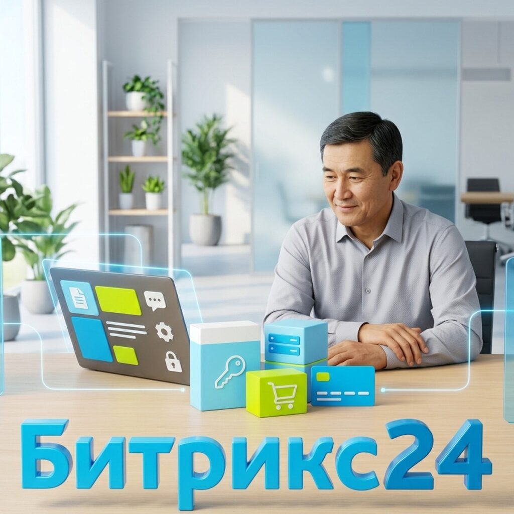 Руководитель за ноутбуком, коробка с лицензионным ключом, сервер и надпись Битрикс24