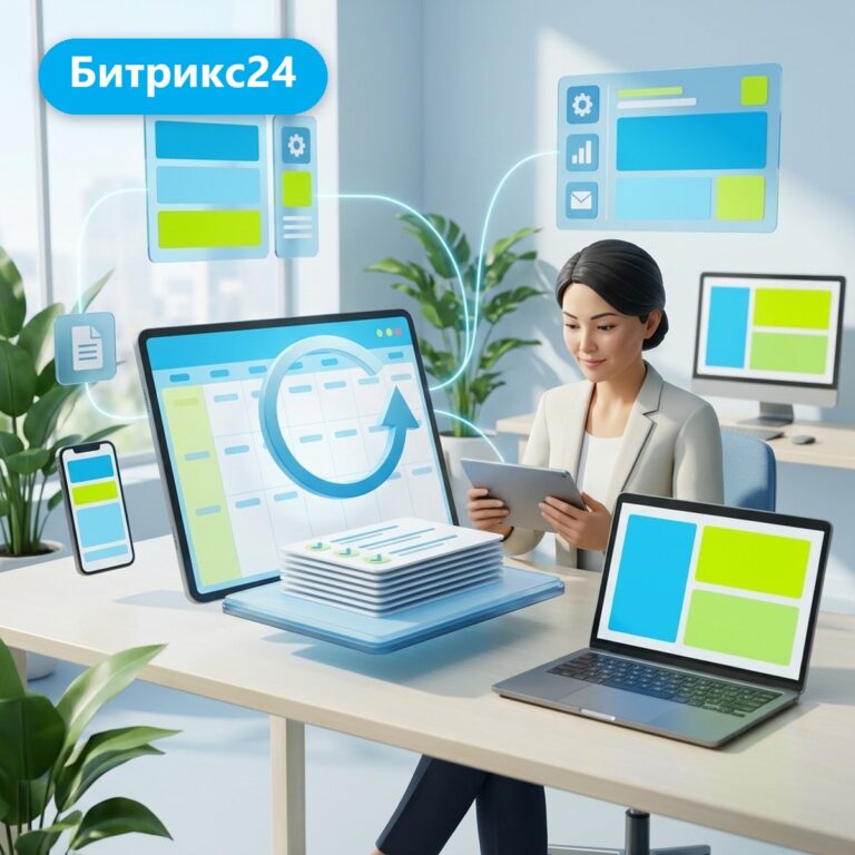 Сотрудница с планшетом у календаря с круговой стрелкой повтора и стопкой задач, подпись «Битрикс24»