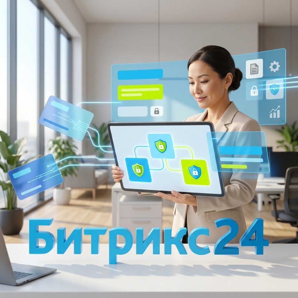Руководитель с планшетом, на котором схема доступа к сделкам по отделам, и надпись Битрикс24