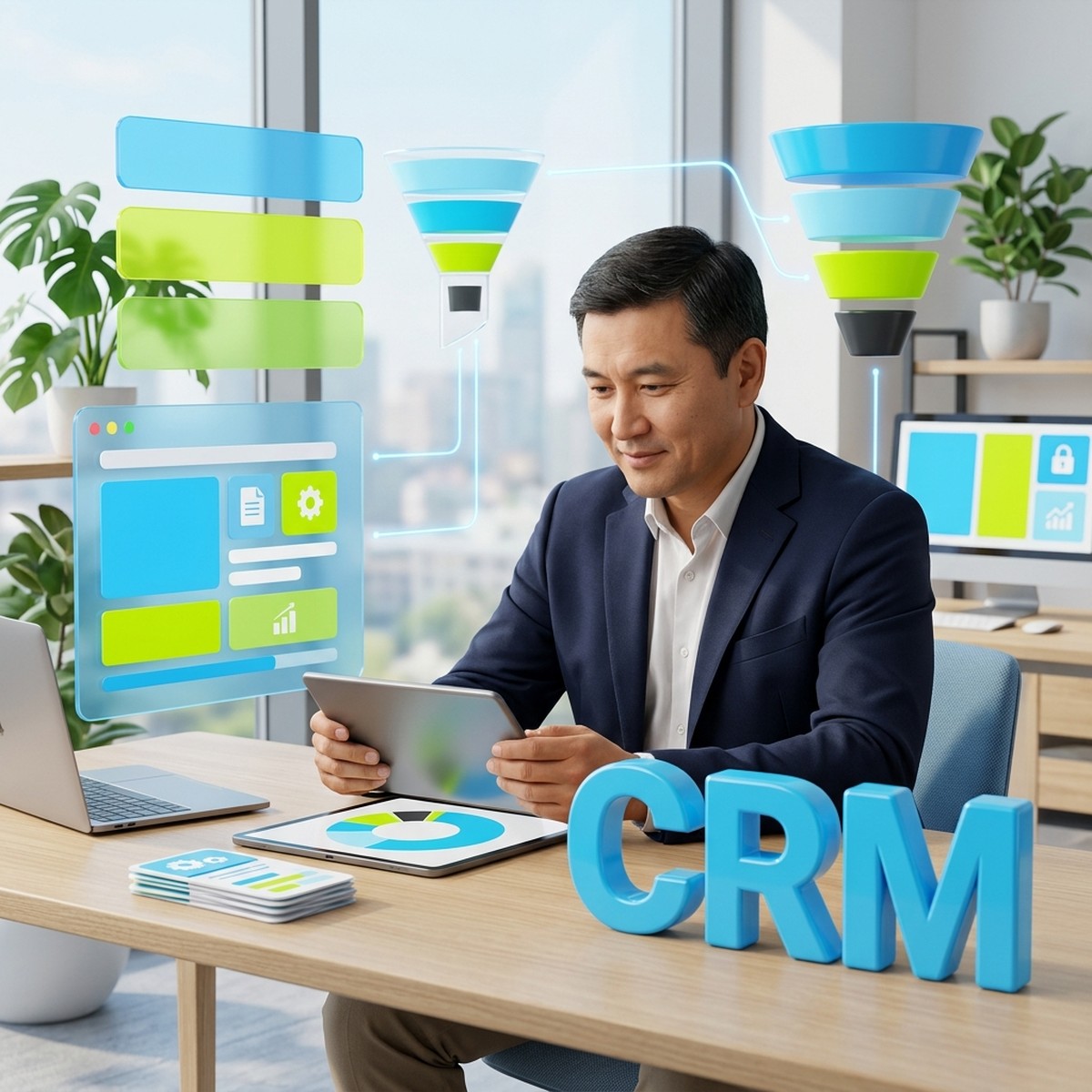 Руководитель отдела продаж смотрит на круговую диаграмму причин потерь в CRM, рядом объёмное слово CRM
