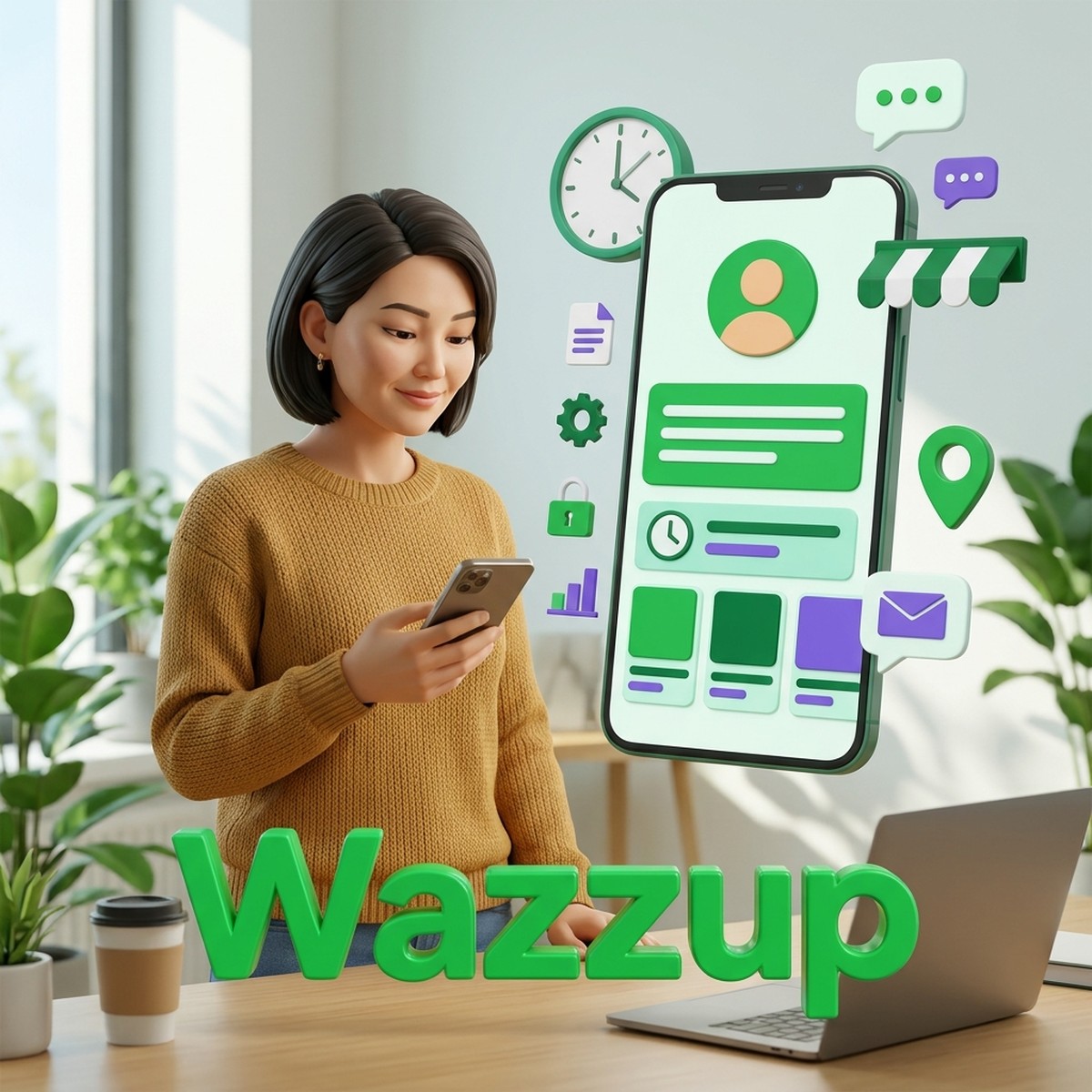 Женщина-предприниматель держит смартфон рядом с профилем компании в WhatsApp Business, часами, каталогом и 3D-надписью Wazzup