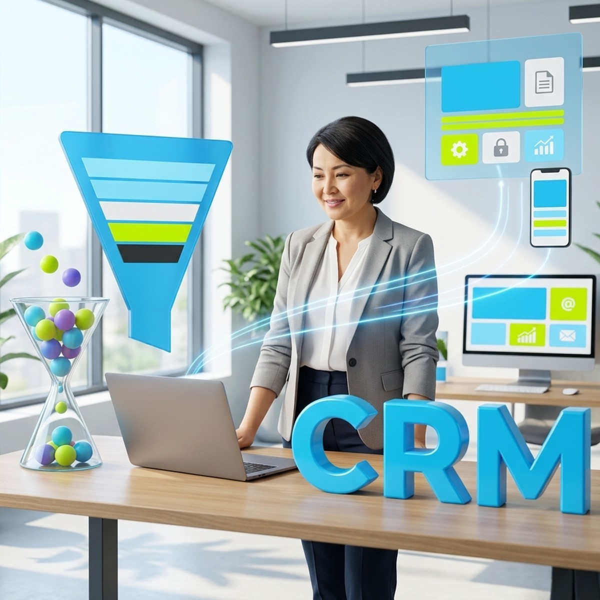Директор у ноутбука рядом с воронкой продаж и объёмной надписью CRM