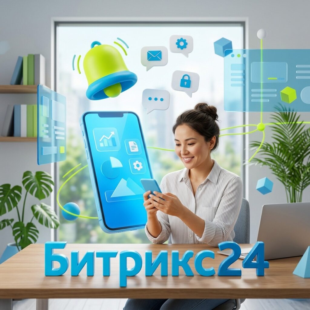 Менеджер держит смартфон с экраном Битрикс24, над ним парит колокольчик уведомления и пузыри сообщений
