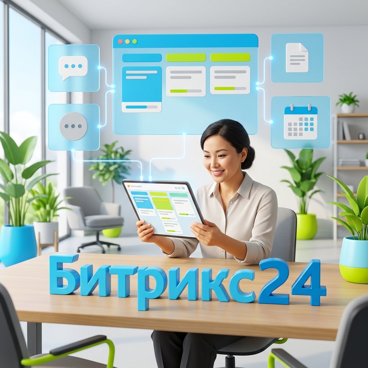 Руководитель с планшетом на фоне панели проекта Битрикс24 с карточками задач и объёмным словом Битрикс24 на столе