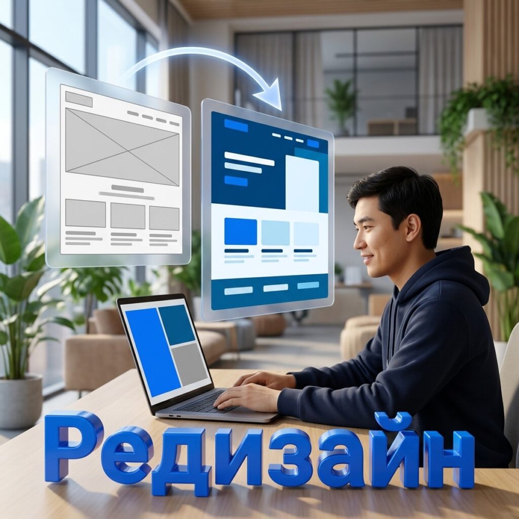 Веб-разработчик за ноутбуком в офисе, над столом старый и новый макет сайта со стрелкой перехода, внизу объёмная надпись Редизайн