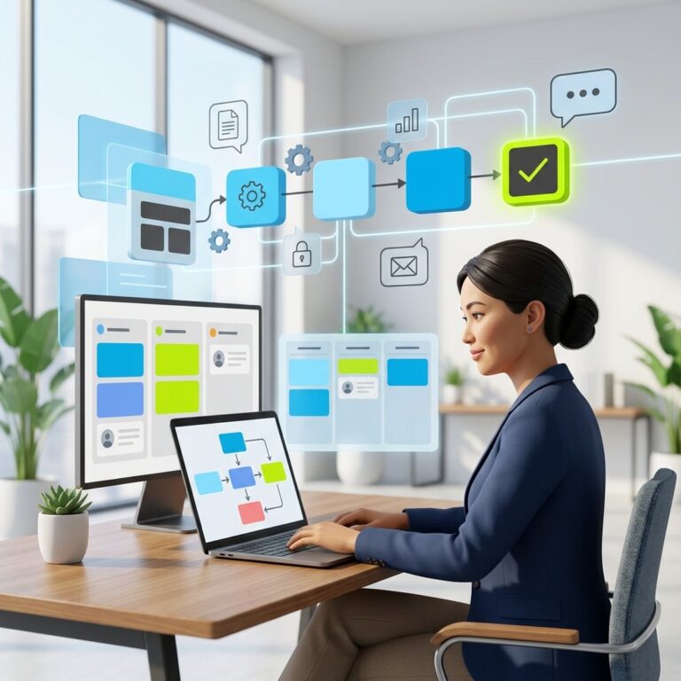 3D-иллюстрация: администратор CRM у ноутбука, цепочка блоков автоматизации с подсвеченным звеном