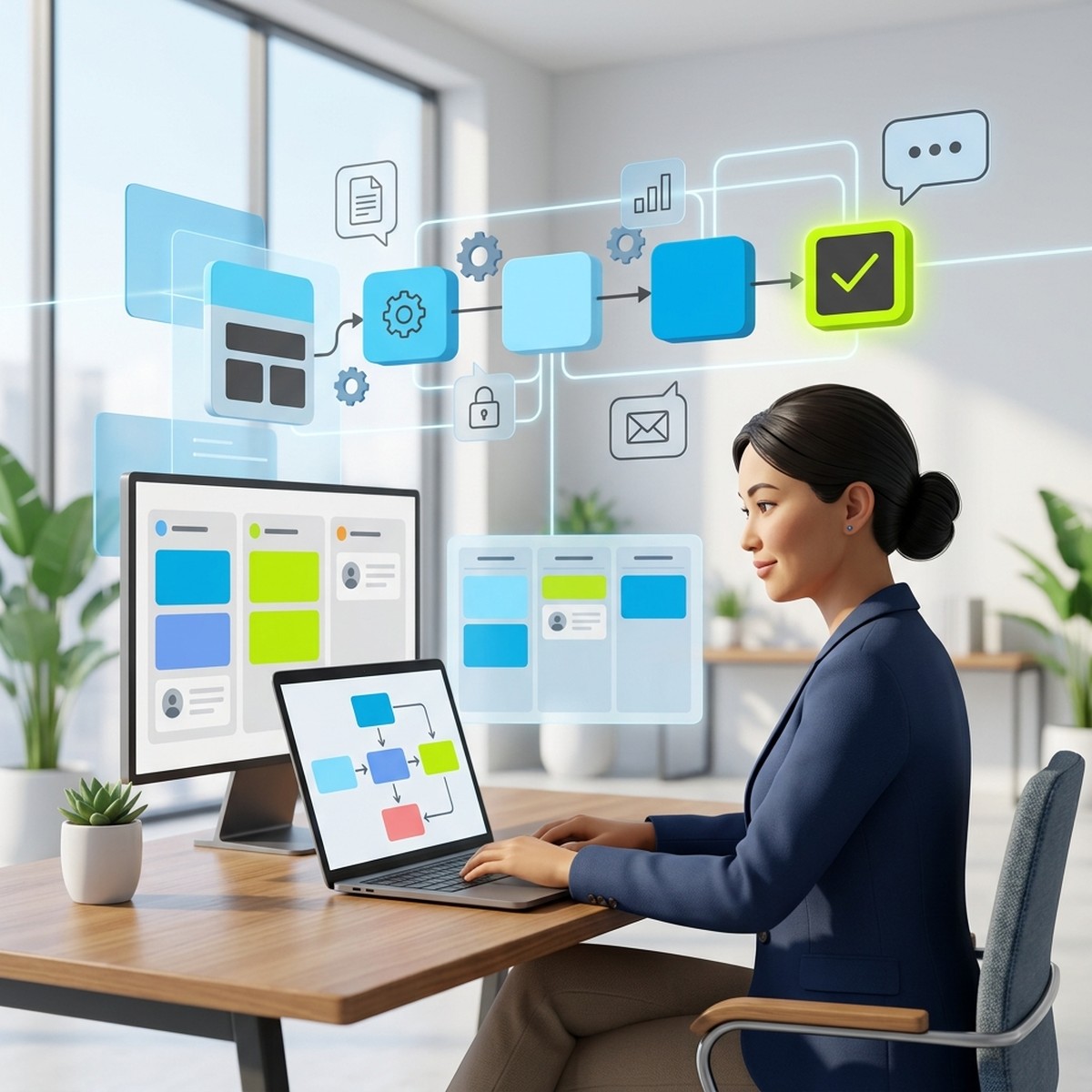 3D-иллюстрация: администратор CRM у ноутбука, цепочка блоков автоматизации с подсвеченным звеном